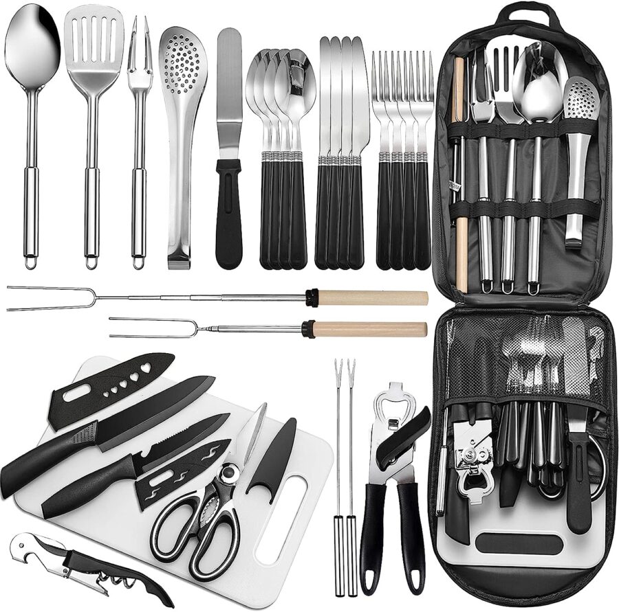 A set of 27 camping kitchen pieces including tools and utensils, all neatly stored in a compact carrying case.