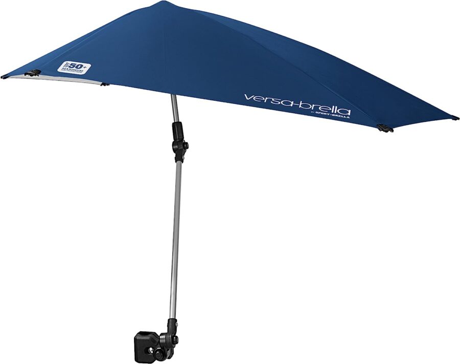 Versa-Brella umbrellas providing shade in various outdoor settings.