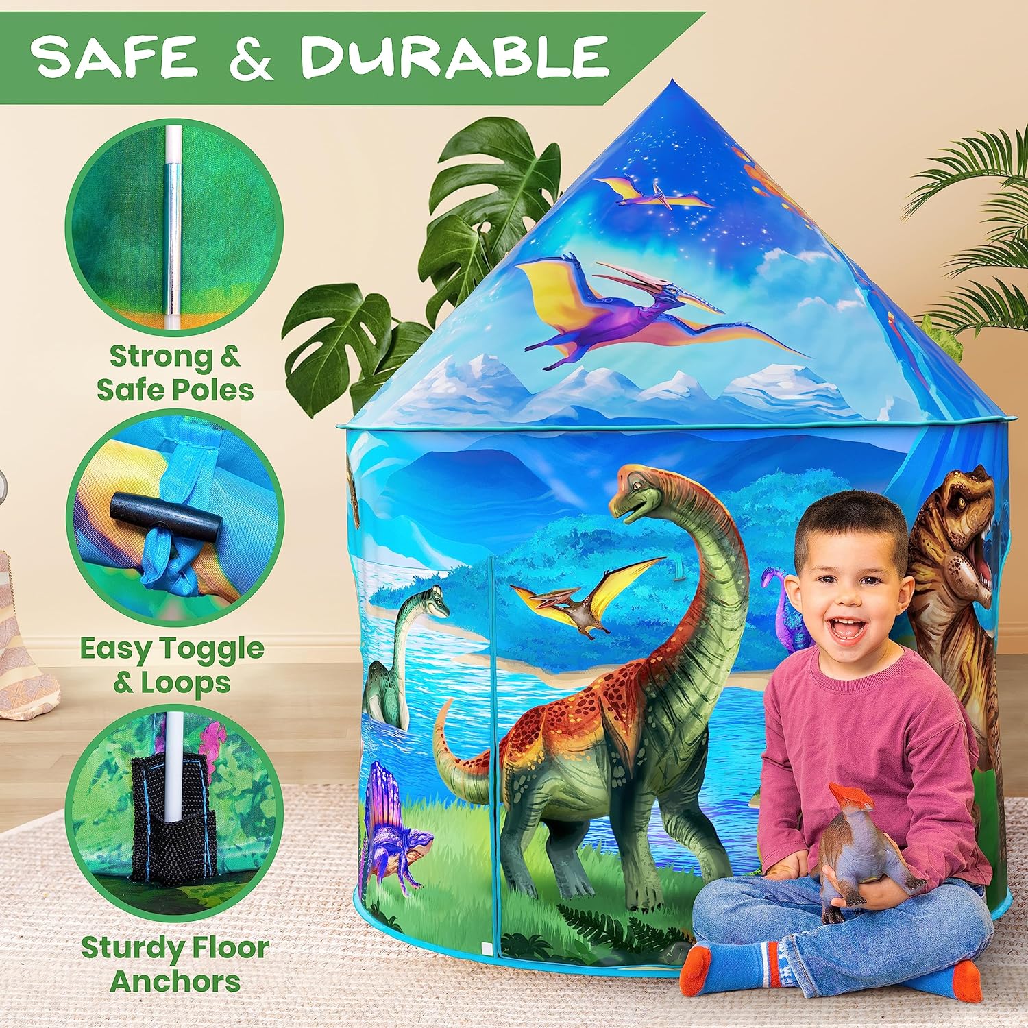 WO Dinosaur Discovery Kids Tent with Roar Button, Dinosaur Tent, Christmas Gifts, Pop Up Tent for Kids, Dinosaur Toys for Kids Girls  Boys, Kids Tent Indoor  Outdoor