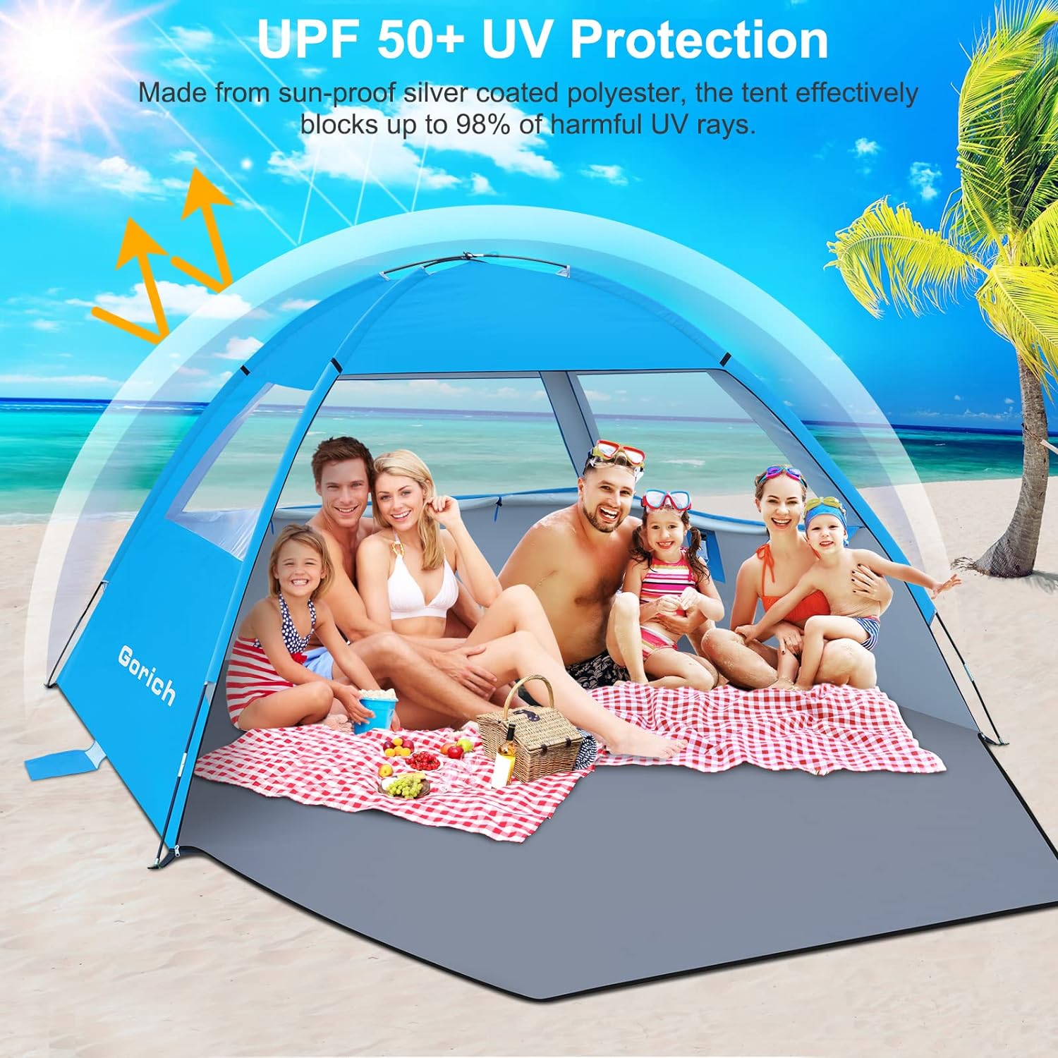 Gorich Beach Tent, Beach Shade Tent for 3/4-5/6-7/8-10 Person with UPF 50+ UV Protection, Portable Beach Tent Sun Shelter Canopy, Lightweight  Easy Setup Cabana Beach Tent