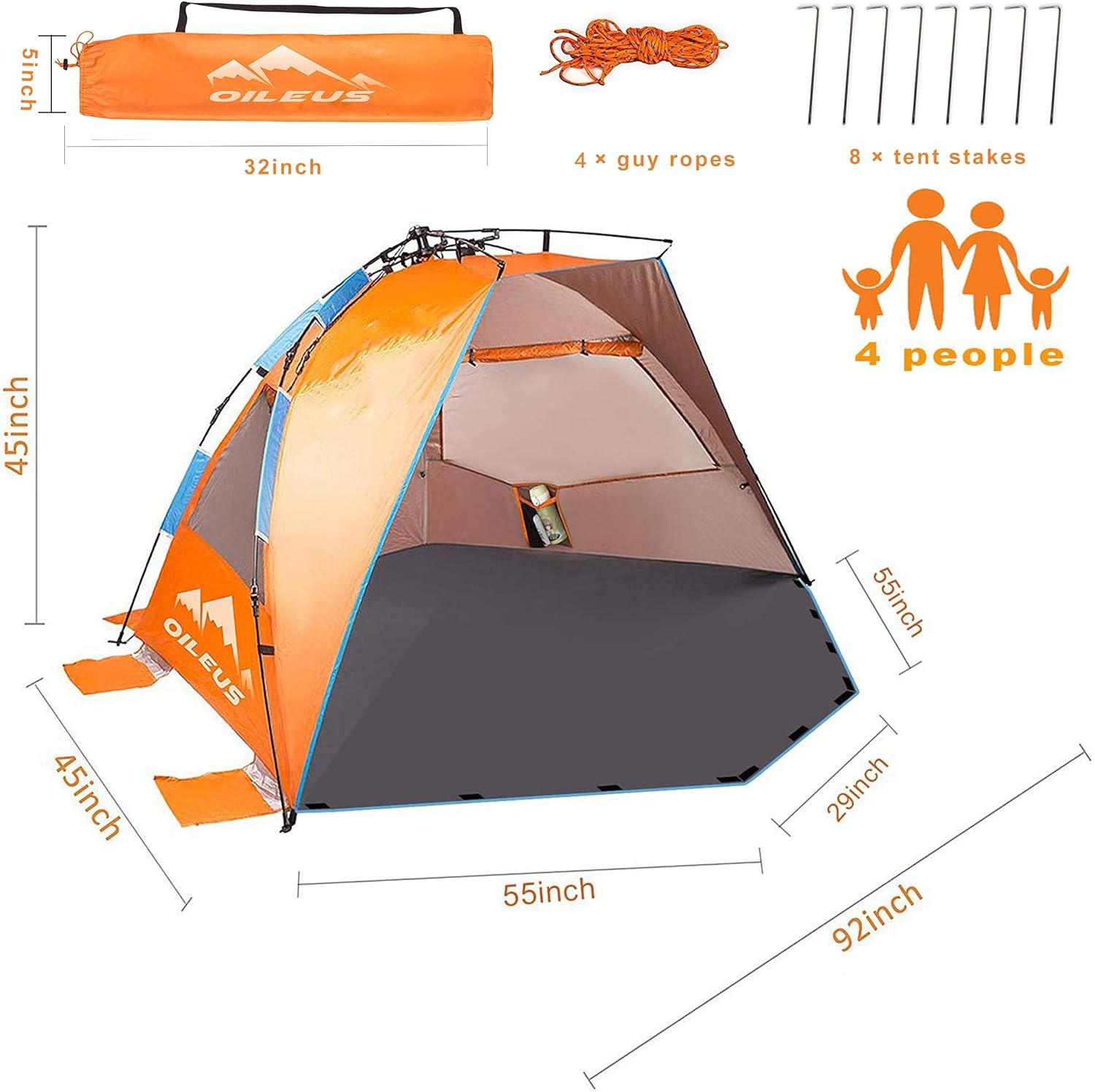 Oileus X-Large 4 Person Beach Tent Sun Shelter - Portable Instant Tent for Beach with Carrying Bag, Stakes, 6 Sand Pockets, Anti UV for Fishing Hiking Camping, Waterproof Windproof, Orange