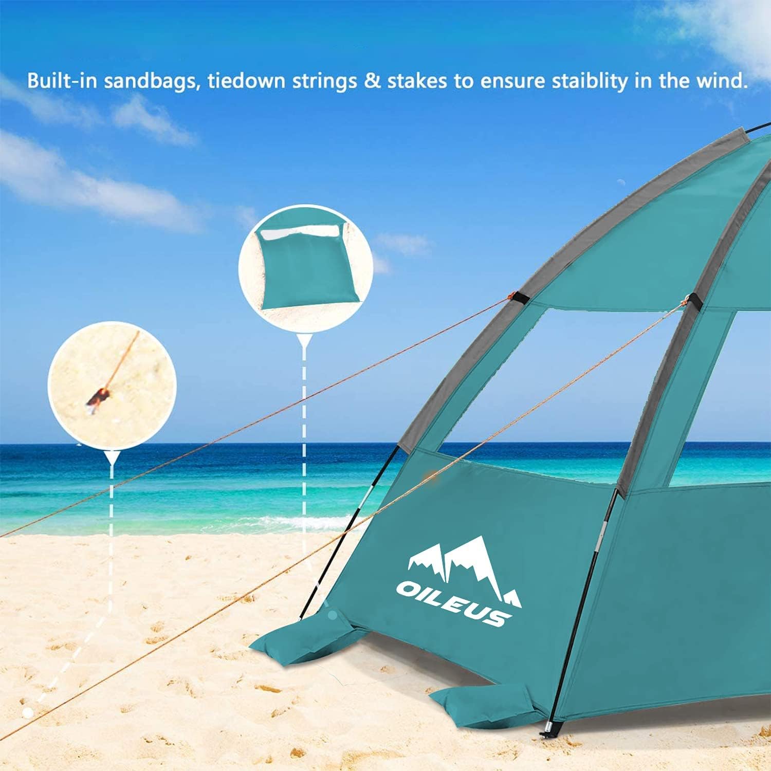 Oileus Beach Tent 2-3 Person Portable Sun Shade Shelter UV Protection, Extended Floor Ventilating Mesh Roll Up Windows Carrying Bag Stakes 6 Sand Pockets Fishing Hiking Camping,Blue