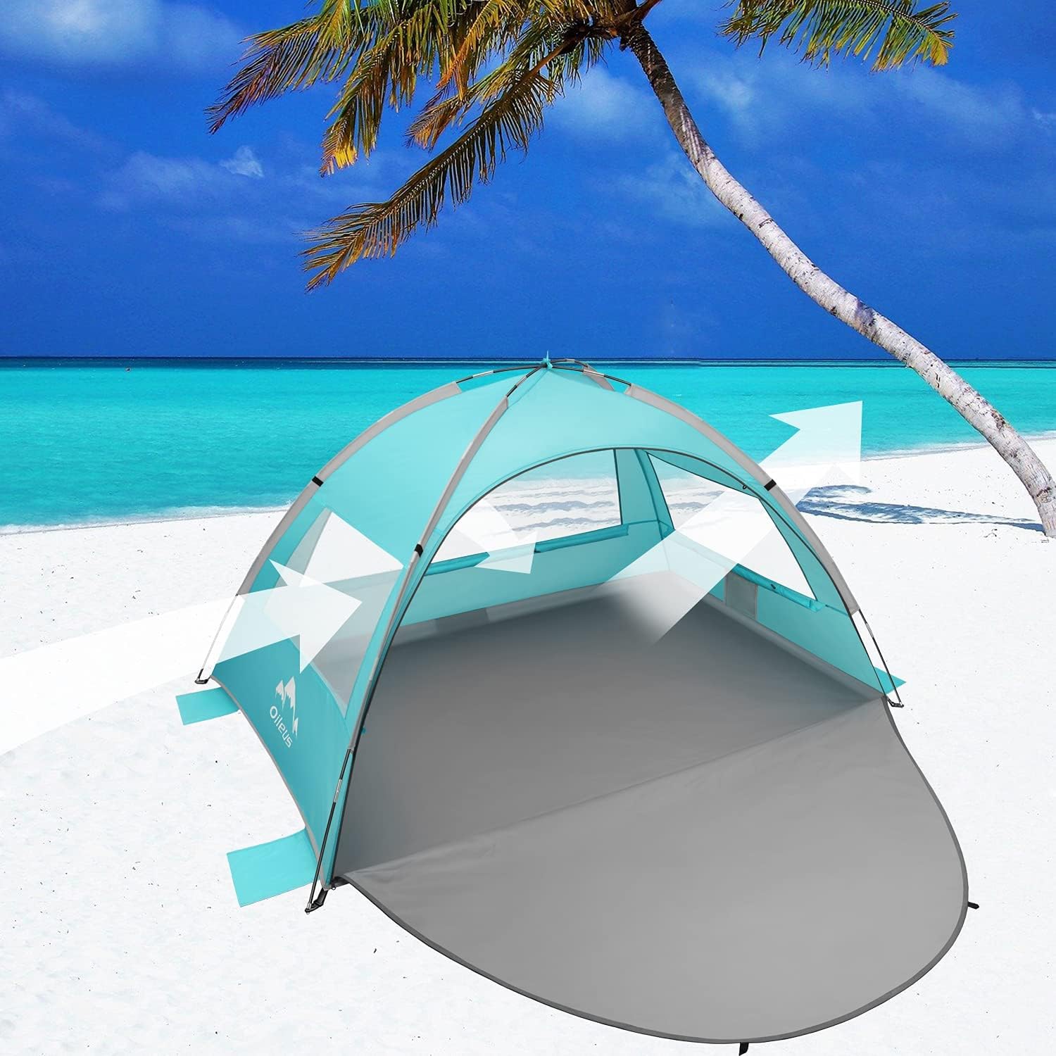 Oileus Beach Tent 2-3 Person Portable Sun Shade Shelter UV Protection, Extended Floor Ventilating Mesh Roll Up Windows Carrying Bag Stakes 6 Sand Pockets Fishing Hiking Camping,Blue